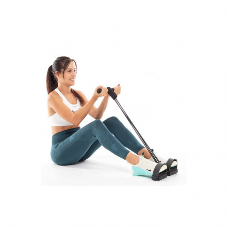 Imagen de portada: Mujer sentada de perfil usando bandas elásticas multifunción InnovaGoods Tensport sobre fondo blanco.