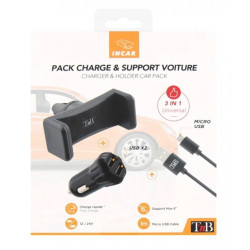 Paquete de coche 3 en 1: Cargador USB + Soporte de ventilación + Cable micro USB