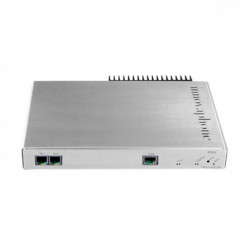 Adaptador analógico Innovaphone IP29 de color plateado con dos puertos FXS y conexión Ethernet para redes VoIP profesionales