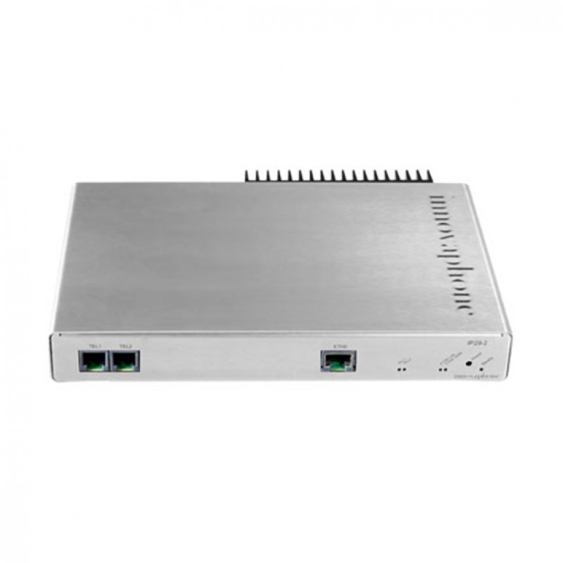 Adaptador analógico Innovaphone IP29 de color plateado con dos puertos FXS y conexión Ethernet para redes VoIP profesionales