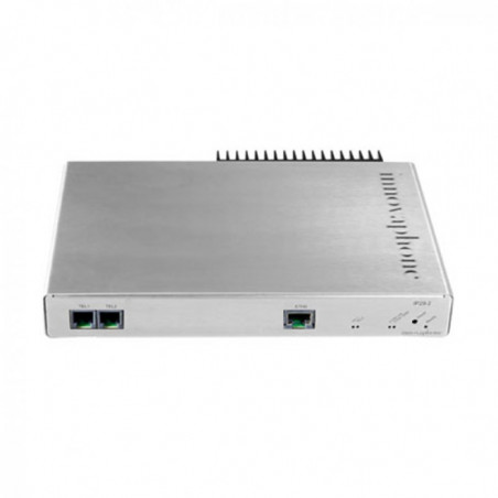 Adaptador analógico Innovaphone IP29 de color plateado con dos puertos FXS y conexión Ethernet para redes VoIP profesionales