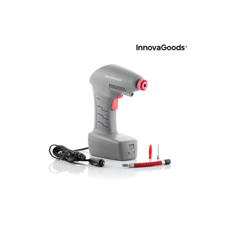 Compresor de aire portátil Airpro+ gris con gatillo rojo, cable de 12V y boquillas de inflado