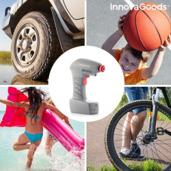 Collage mostrando el uso del compresor en neumáticos de coche, bicicletas, balones y colchonetas de playa